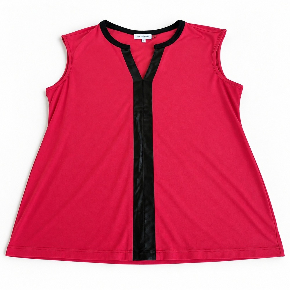 Calvin Klein Womens Large Red Sleeveless Blouse Black Trim V Neck Career Top